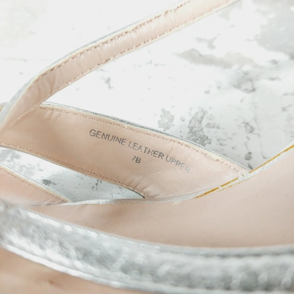 Talbots Women's Silver Genuine Leather Platform Strap Wedge Sandals V327
